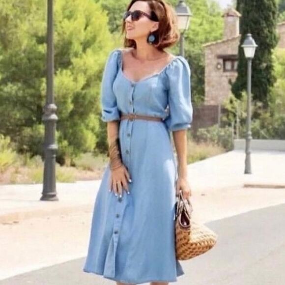 Zara Chambray Midi Dress Puff Sleeves Off-the-Shoulder Blogger’s Favorite Medium - Picture 3 of 9